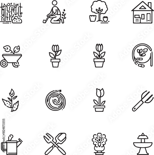 Growing plant in pot gardening icon set illustration can art soil rake hose line seeds tools boots

