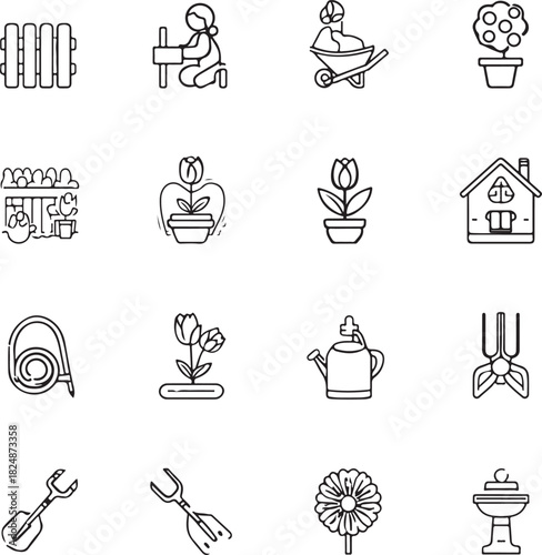 Set of gardening tools and plant icons for cultivation and planting
