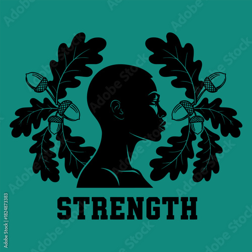 Silhouette of a black woman profile with oak leaves and acorns, strength