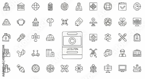 Collection of various hand drawn icons including buildings, tools, and interface elements in black and white