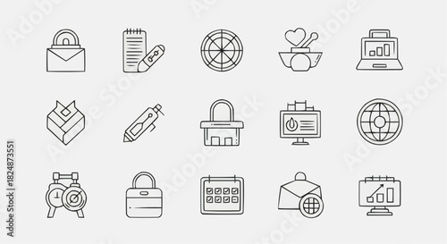 Collection of business and office related icons in outline style representing various elements