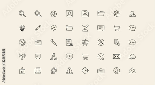 Illustration of various hand drawn icons including search, settings, user, and shopping cart symbols