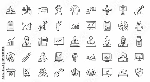 Collection of business related icons including teamwork, presentation, and data analysis in line art style
