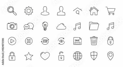 Collection of hand drawn style icons representing various functions and objects on a white background