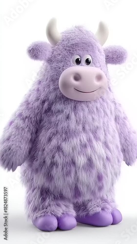 Adorable Fluffy Purple Cow Plush Toy Dancing and Posing on White Background.