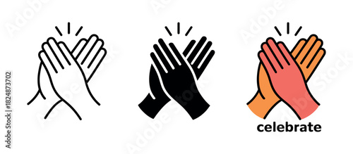 Three different icon styles depicting hands clapping together to celebrate success or applause.
