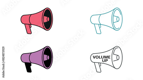 Four stylized megaphones, two in solid colors and two in outline, convey a message of amplification.