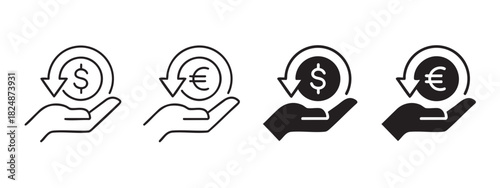 pound and dolllar sign icon , A hand holding a pound and dollar coin in a black and white line drawing style on a transparent background