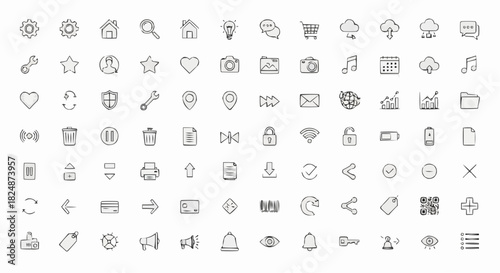 Collection of hand drawn style icons including settings, home, search, lightbulb and other symbols
