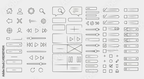Collection of hand drawn user interface elements including icons buttons sliders and various control options