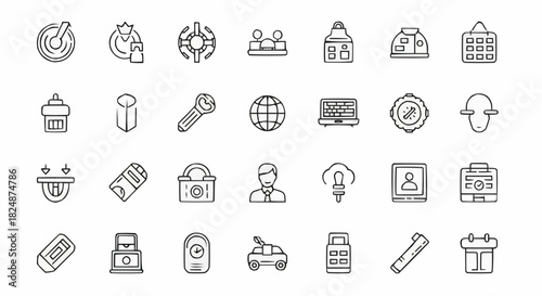 Collection of diverse outline icons representing various objects and concepts in a grid format