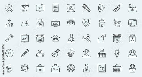 Collection of hand drawn business and finance icons representing various concepts and strategies well known 100