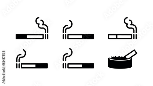 A collection of simple icons representing cigarettes and an ashtray, conveying the concept of smoking.