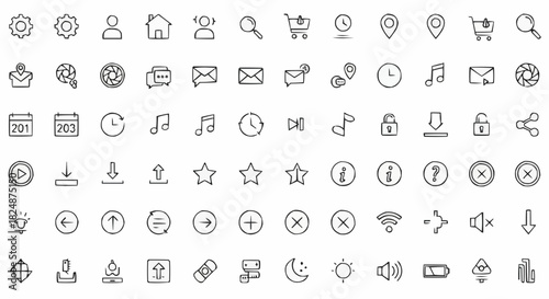 Collection of hand drawn style interface icons including settings user home search and multimedia tools