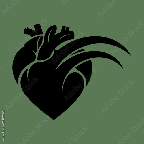 Stylized black heart with veins and abstract leafy elements