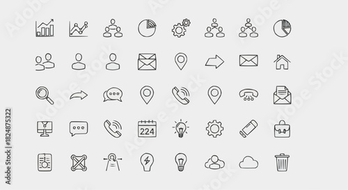 Collection of various business and communication icons including graphs, people, and office equipment