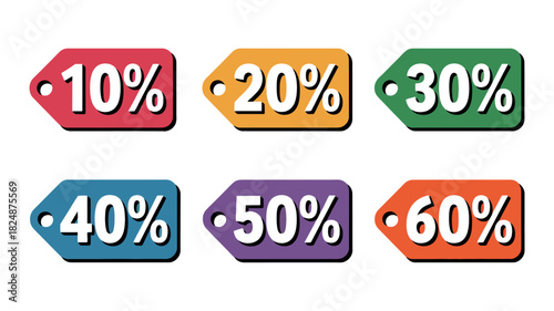 A collection of price tags displays percentages from 10% to 60% on a white background.