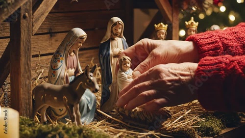 Cherished Holiday Tradition: Hands Gently Place Figurines in a Rustic Christmas Nativity Scene