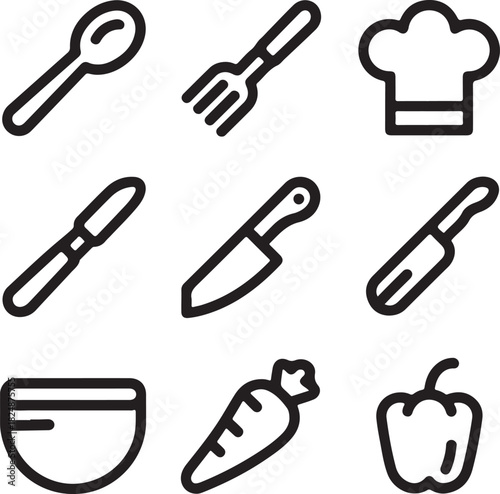 A bold set of kitchen utensil icons including spoon, knife, peeler, chef hat, and bowl. Great for food blogs, restaurant branding, and cooking tutorials.