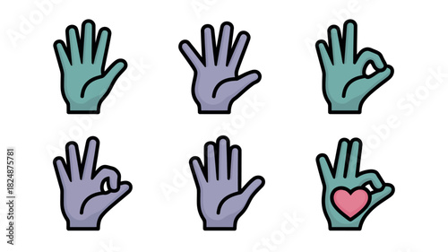 A collection of six flat design illustrations of hands showing different gestures including open palms and the 'okay' sign, with one hand displaying a heart icon.