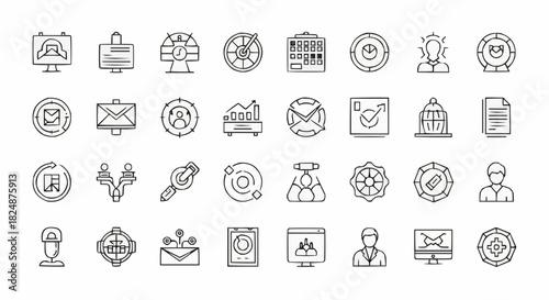 Collection of business and marketing icons representing various concepts and strategies in outline style