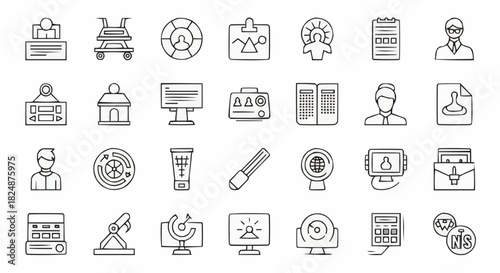 Collection of various business and technology related icons in a simple line drawing style design here