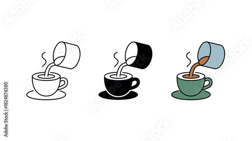 Pouring hot coffee into a cup from a creamer, seen in three different styles.