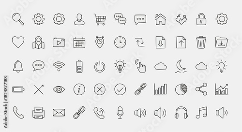 Collection of hand drawn interface icons featuring settings, user, shopping cart and other common symbols