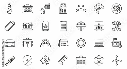 Collection of various line art icons including buildings, tools, and abstract shapes design icons