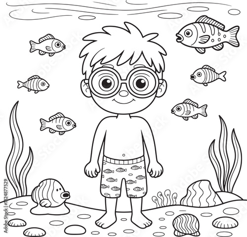 Boy with glasses underwater surrounded by fish and plants