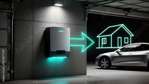Vehicle to home V2H energy system wallbox in garage with electric car.