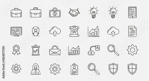 Collection of business and technology icons including briefcase, handshake, lightbulb and data charts