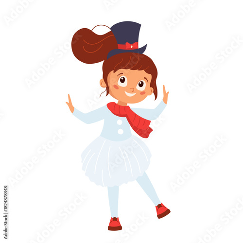 Sweet girl dressed as snowman with scarf and top hat Playful cartoon winter character for kids holiday card, festive poster, party invitation Christmas activities Charming seasonal vector illustration