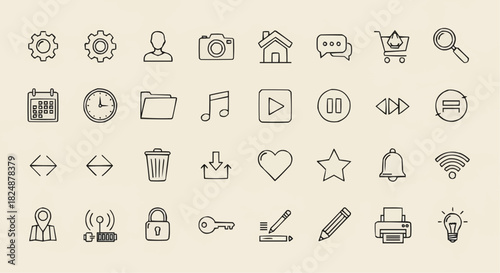 Collection of various outline style icons representing settings, media, and user interface elements