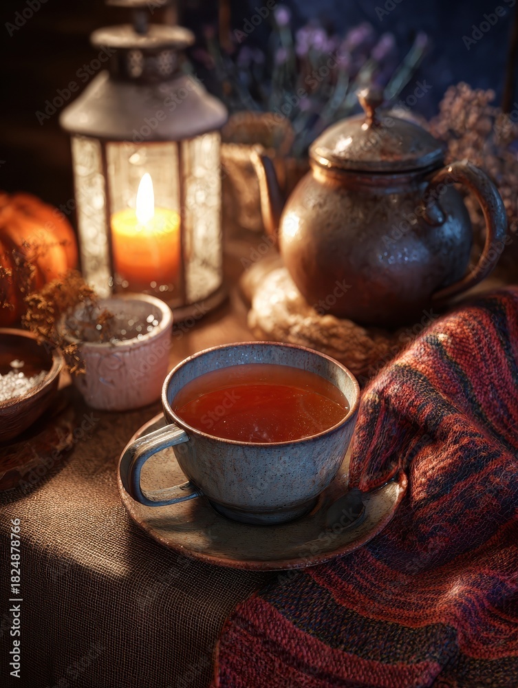 Fototapeta premium warm evening tea and candlelight in a cozy woolen setting