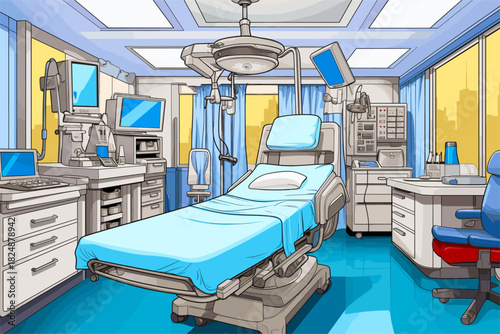 Detailed vector illustration of a sterile hospital operating room featuring a surgical bed, advanced medical equipment, bright lights, and monitors, with a city skyline view through large windows