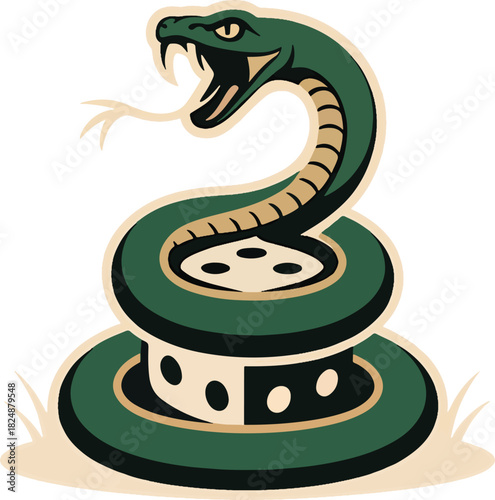 Coiled rattlesnake ready to strike on dice