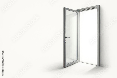 An open glass door on a light background. Space for text.