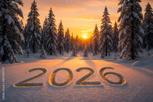 Numbers 2026. written in the snow in a snowy forest against a sunset background. New Year's card 2026.