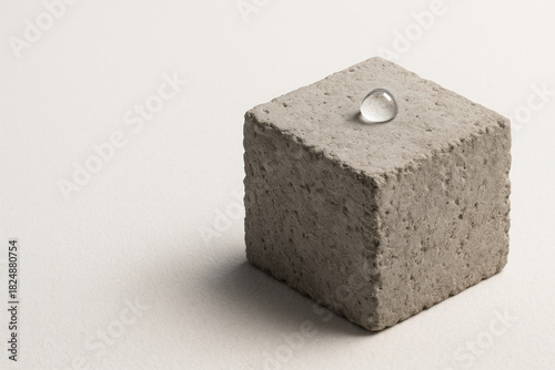 A cube of porous concrete with a drop of water on top. Space for text.