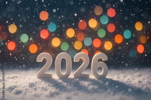 New Year's card 2026. Gray numbers on a background of colorful lights in the style of bokeh