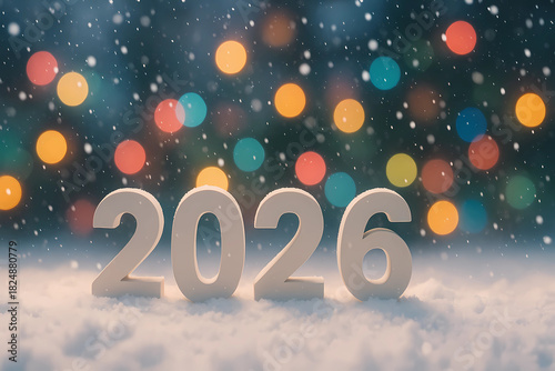 New Year's card 2026. Gray numbers on a background of colorful lights in the style of bokeh
