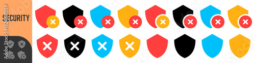 Set of colorful shield error icons for UI UX, apps, alerts and security warnings. Modern flat style symbols perfect for dashboards, notifications and system status indicators