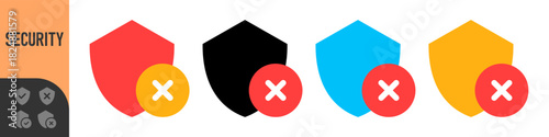 Set of colorful shield error icons for UI UX, apps, alerts and security warnings. Modern flat style symbols perfect for dashboards, notifications and system status indicators