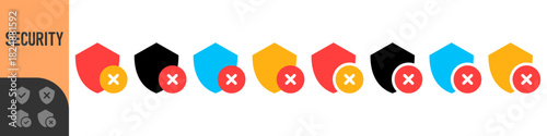 Set of colorful shield error icons for UI UX, apps, alerts and security warnings. Modern flat style symbols perfect for dashboards, notifications and system status indicators