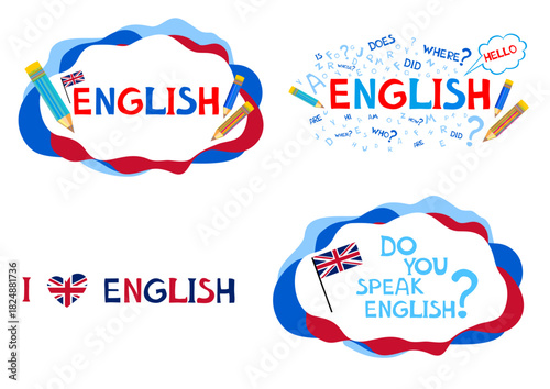 Design Concept Of Word ENGLISH Website Banner. English. Illustration for book, dictionary, vocabulary, speaking, reading, writing, listening skills. Education vector illustration