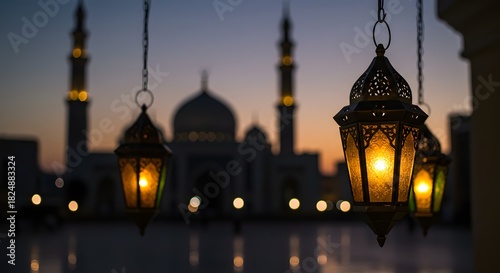 Traditional Islamic lanterns glowing warmly at twilight, with a mosque silhouette in the background