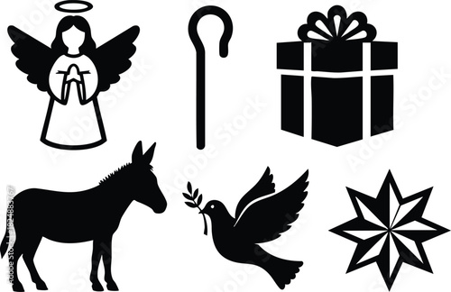 Christmas nativity icons including angel donkey dove star gift and shepherd staff