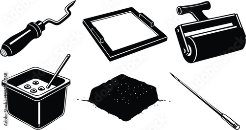 Black and white screen printing tools vector illustration