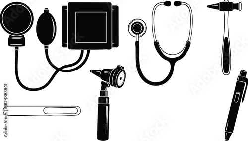 Medical equipment vector collection including blood pressure stethoscope otoscope and reflex hammer
